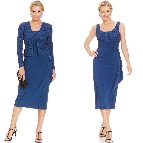 New! ALEX EVENINGS Women's Glittered Lace 2-Piece Jacket & Dress Size 8 Blue - Picture 1 of 5